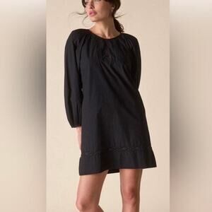St. Roche Swing Dress Open Back Shift Puff Sleeve Black Sz 6 Cotton Poplin Boho